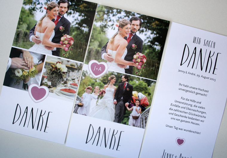 Danksagungskarte zur Hochzeit im DIN Lang Format mit Bildcollage