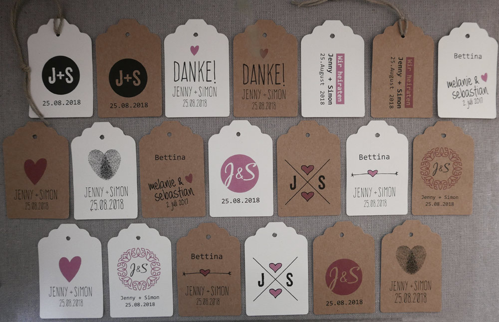 Geschenkanhänger zur Hochzeit - verschiedene Formen, Farben und Schriften möglich