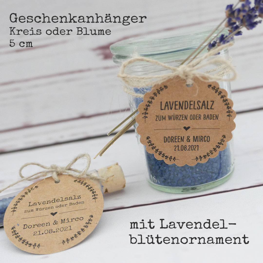 Geschenkanhänger für Lavendelsalz mit Lavendelblütenornament